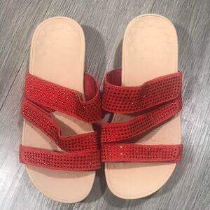 Vionic “Pacific Alexis” Red Suede Adj. Straps Slide Sandals w/Rhinestones